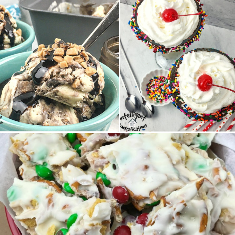 a collage of three desserts; chocolate toffee ice cream in a bowl, milk shakes with a cherry on top and a Christmas bark white chocolate candy
