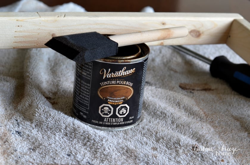 Minwax Provincial stain and a foam brush to apply stain to the homemade picture frame.