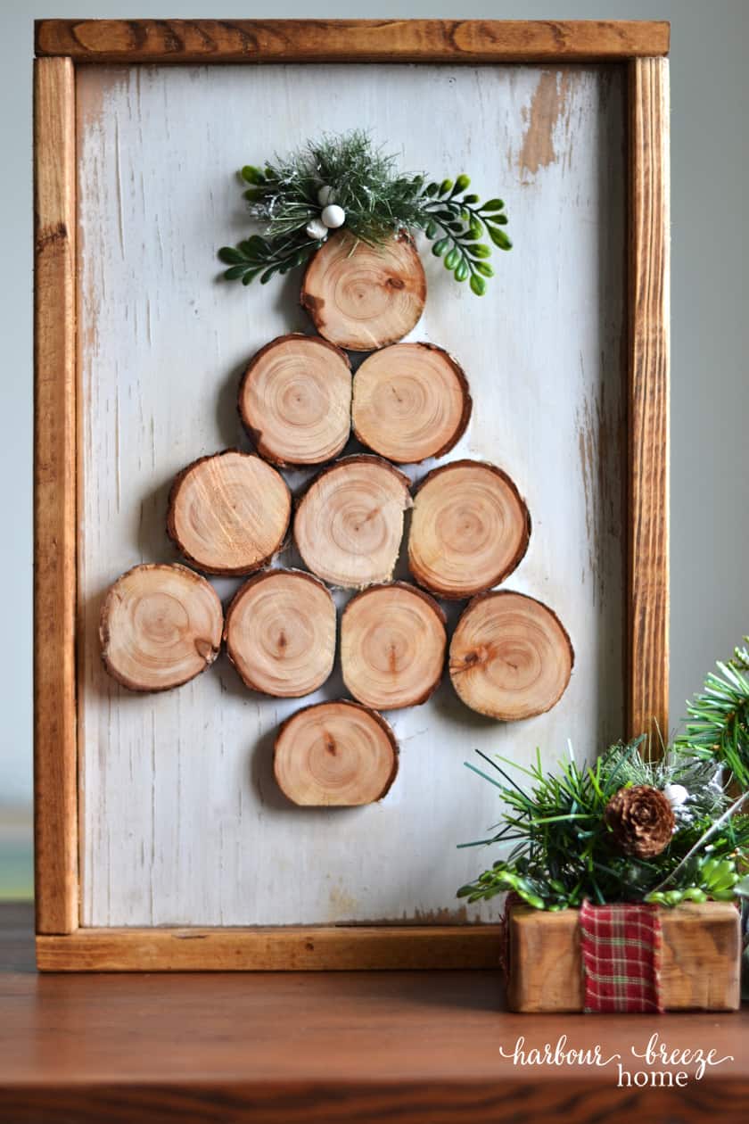 Finished Christmas diy sign of a wood slice Christmas tree