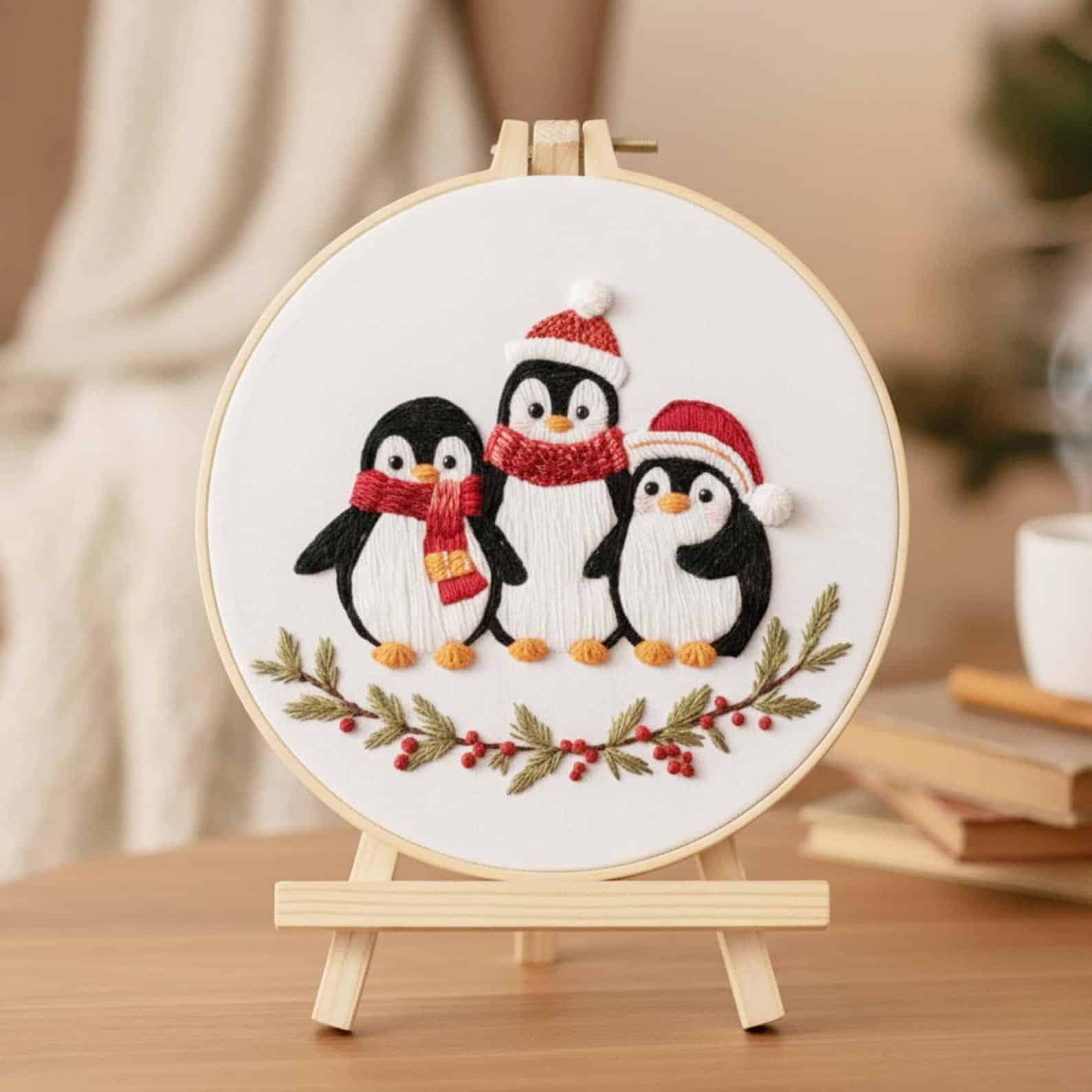 An embroidery piece featuring 3 penguins