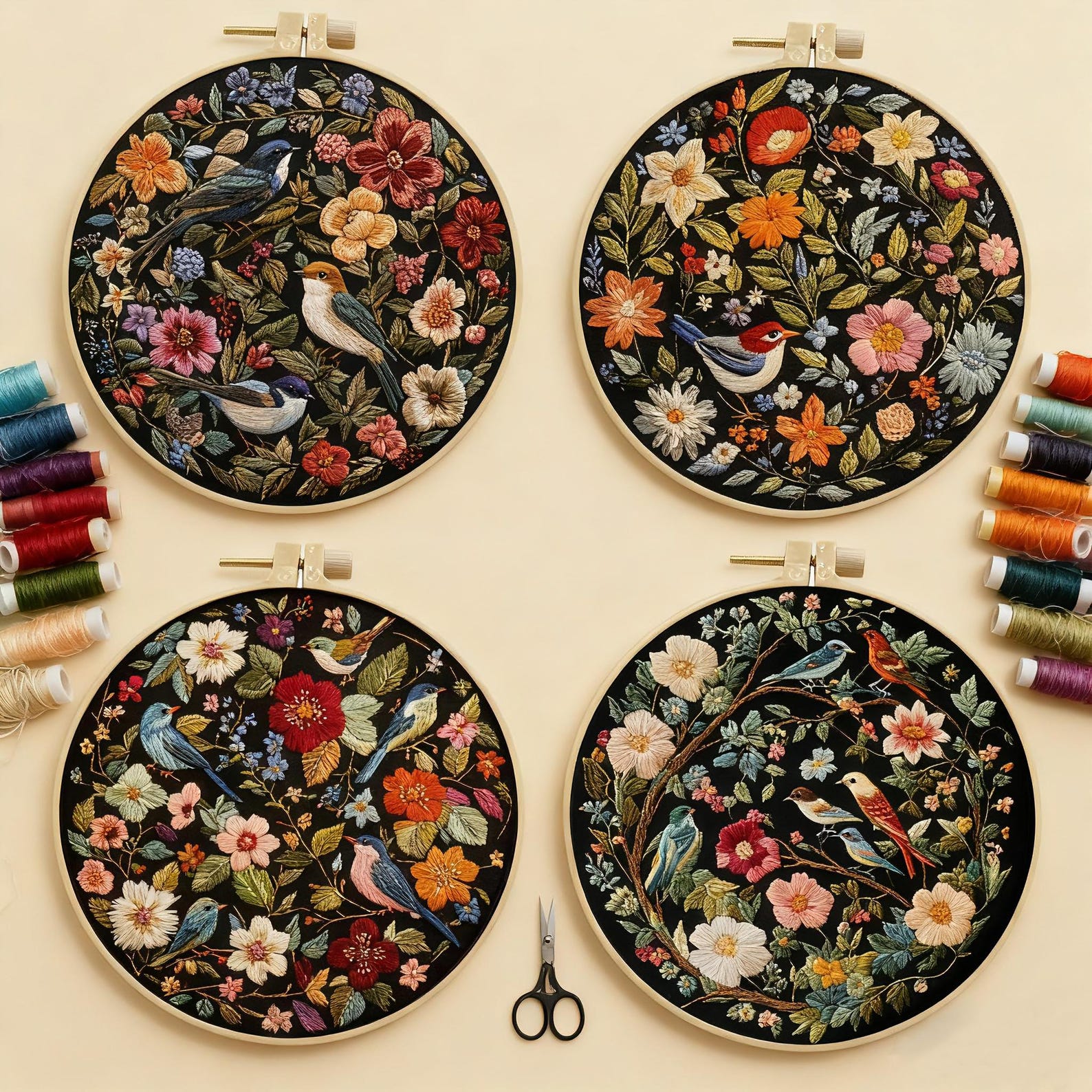 embroidery designs of birds and flowers stitched on black fabric.