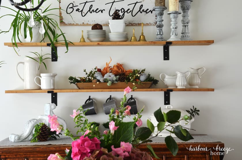 Farmhouse Shelves decorated for Fall