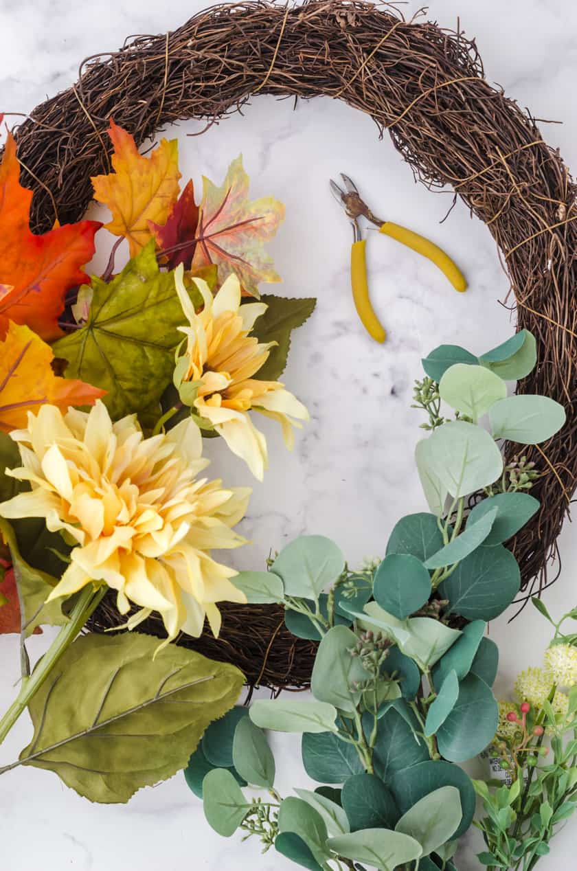 supplies needed to make a fall wreath with fake flowers
