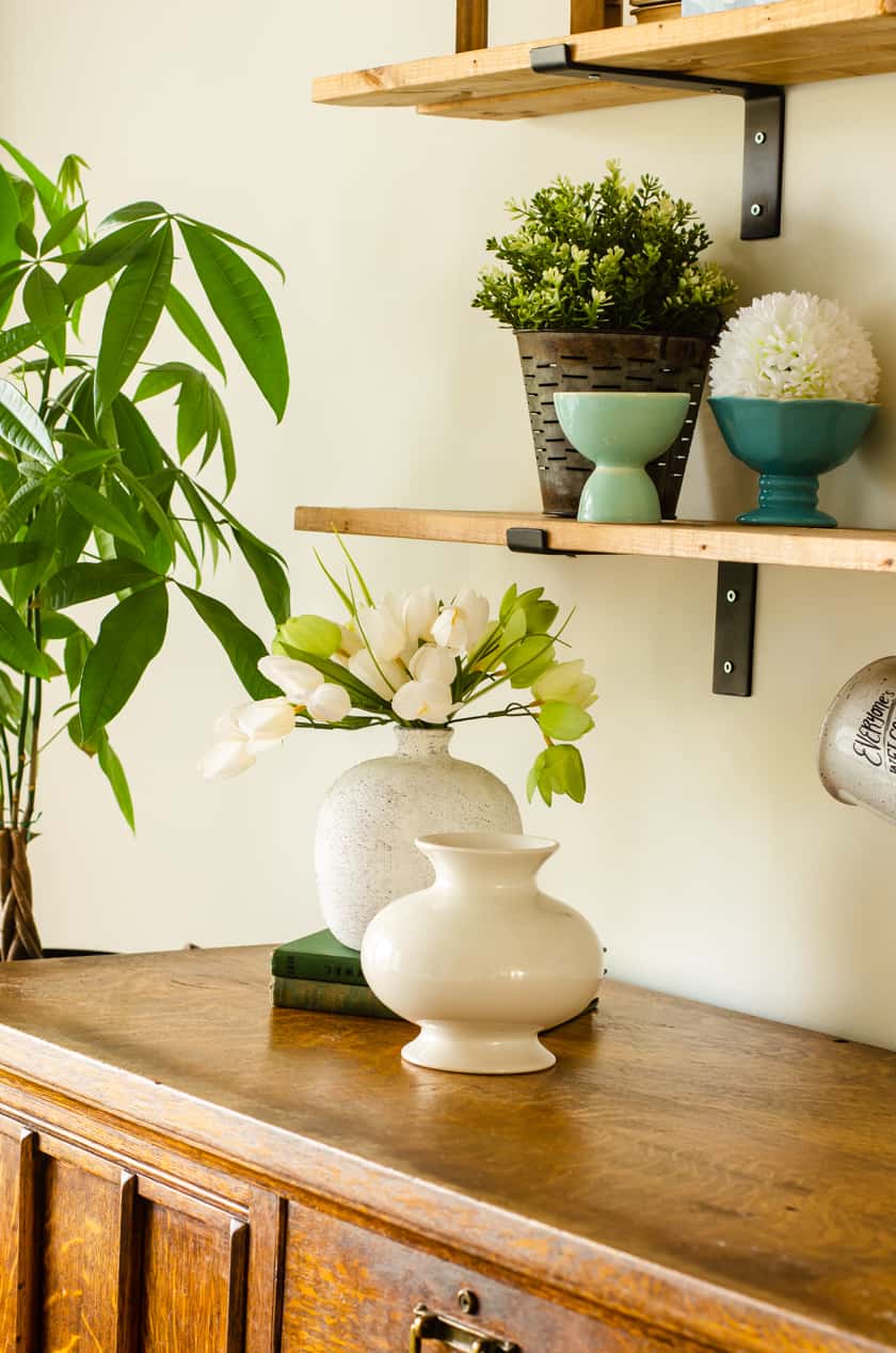 Live money tree plant near farmhouse shelves with faux plants and greenery.