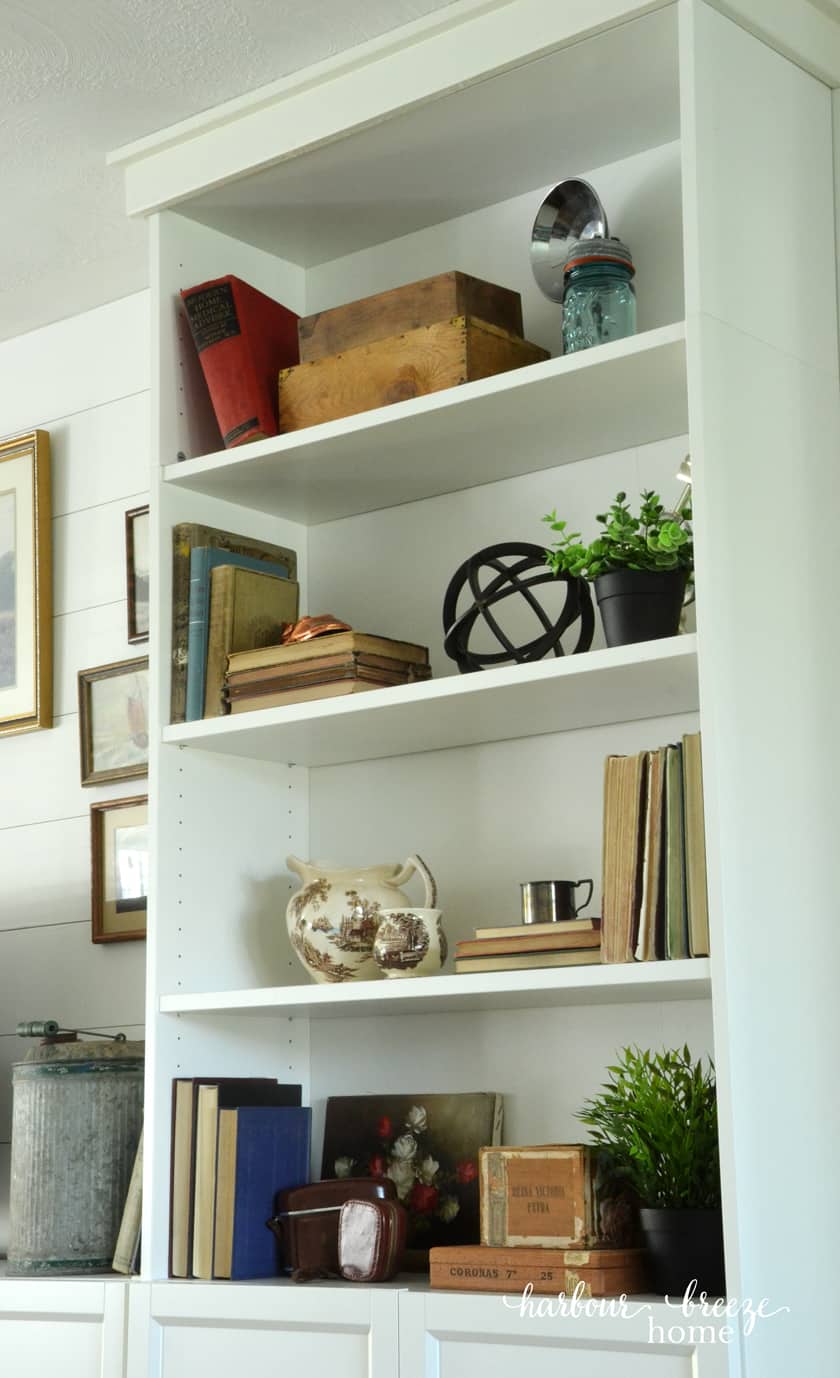 Modern Farmhouse Styled bookcase using Ikea's Billy Bookcase