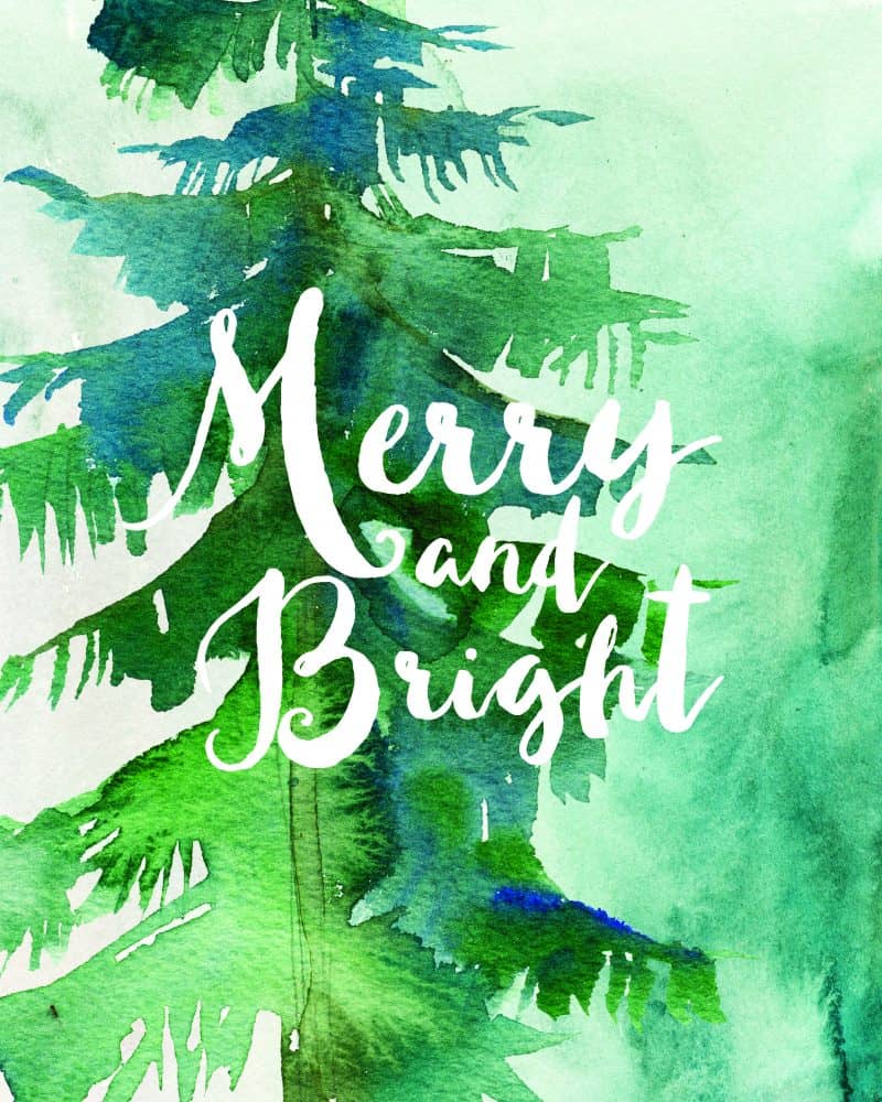 Green watercolor christmas tree with the words "Merry and Bright" on it - free printable Christmas art print.