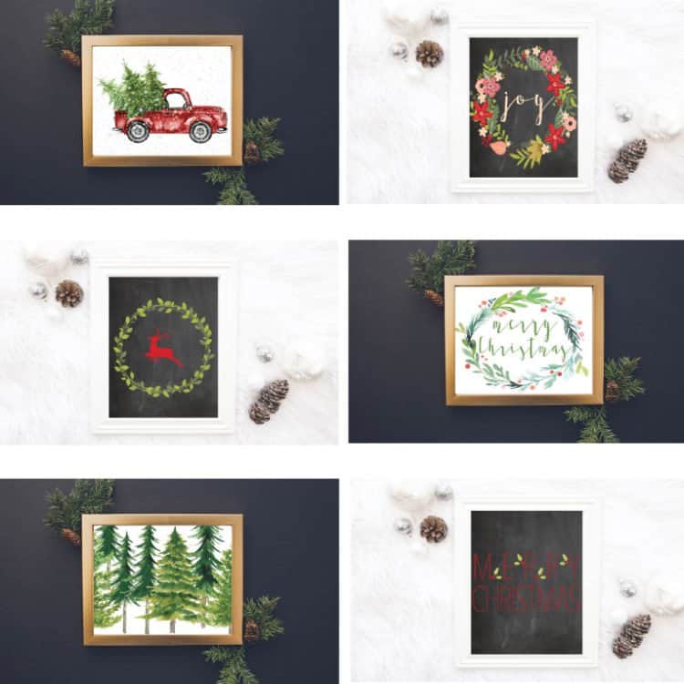 Set of 6 Christmas art printables in green and red including trees, wreaths, and an old red truck with tree.