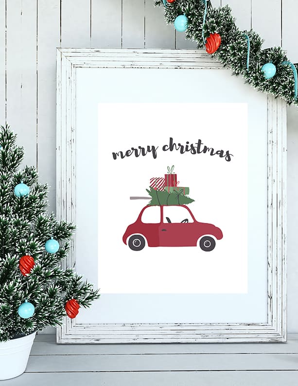 Free Christmas art print of a red car with a tree and gifts strapped to the top.