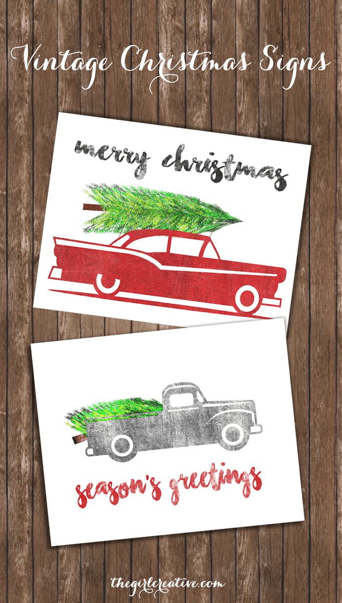 2 Free Christmas printable art prints of old cars with trees on the top.