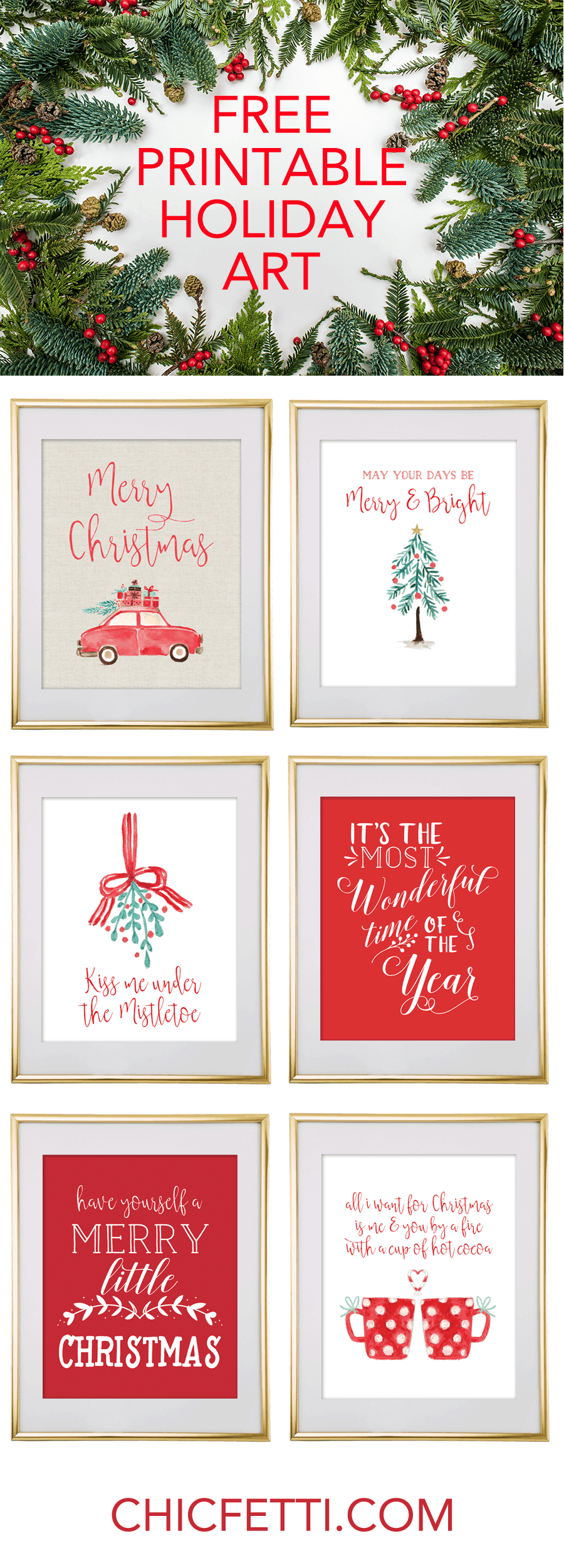 Set of 6 free printable Christmas art prints in red and white colors.