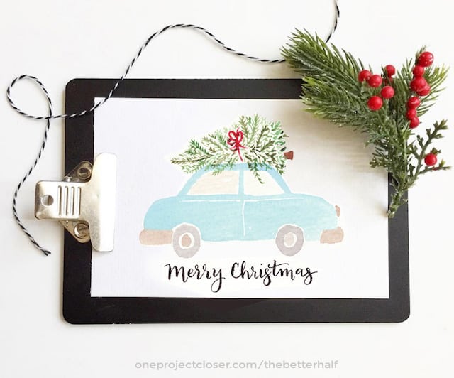 Aqua car with a tree on the top - free christmas printable art.