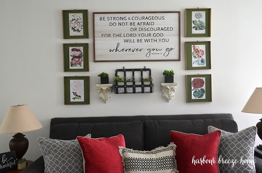 set of 6 printable flower images framed and hung above a couch