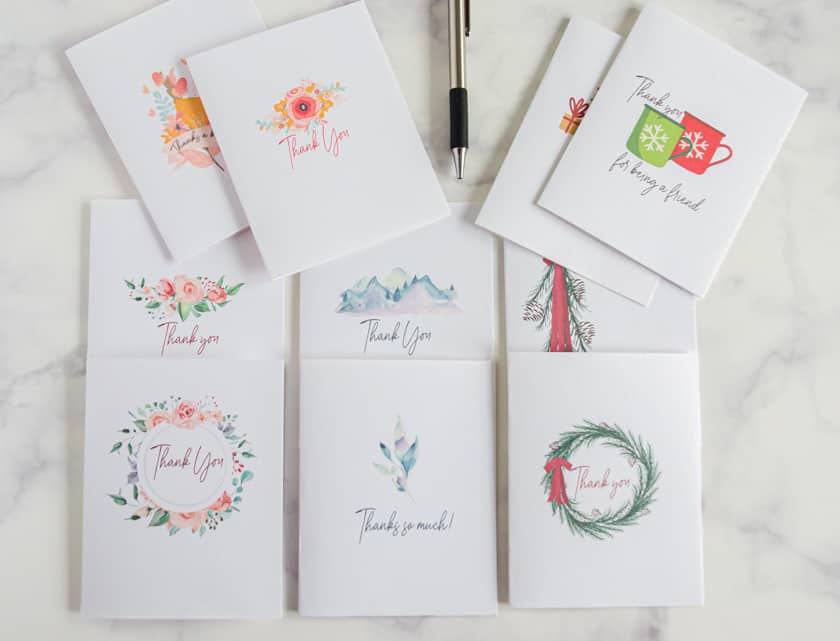 Set of 10 free printable thank you cards