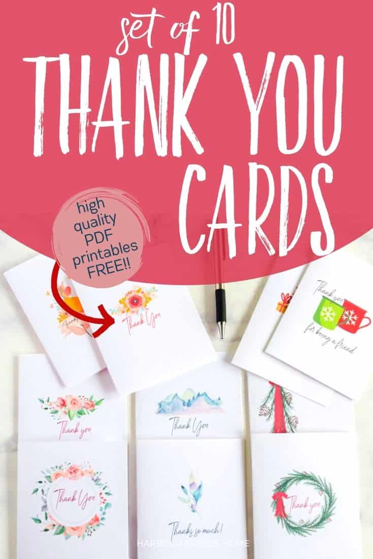 Set of 10 printable thank you cards
