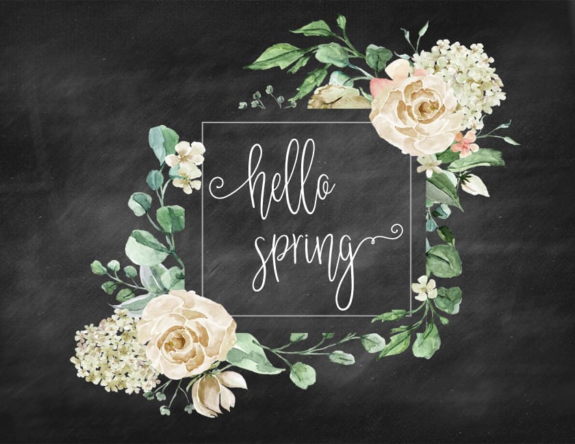 hello spring art print with flowers with a chalkboard background