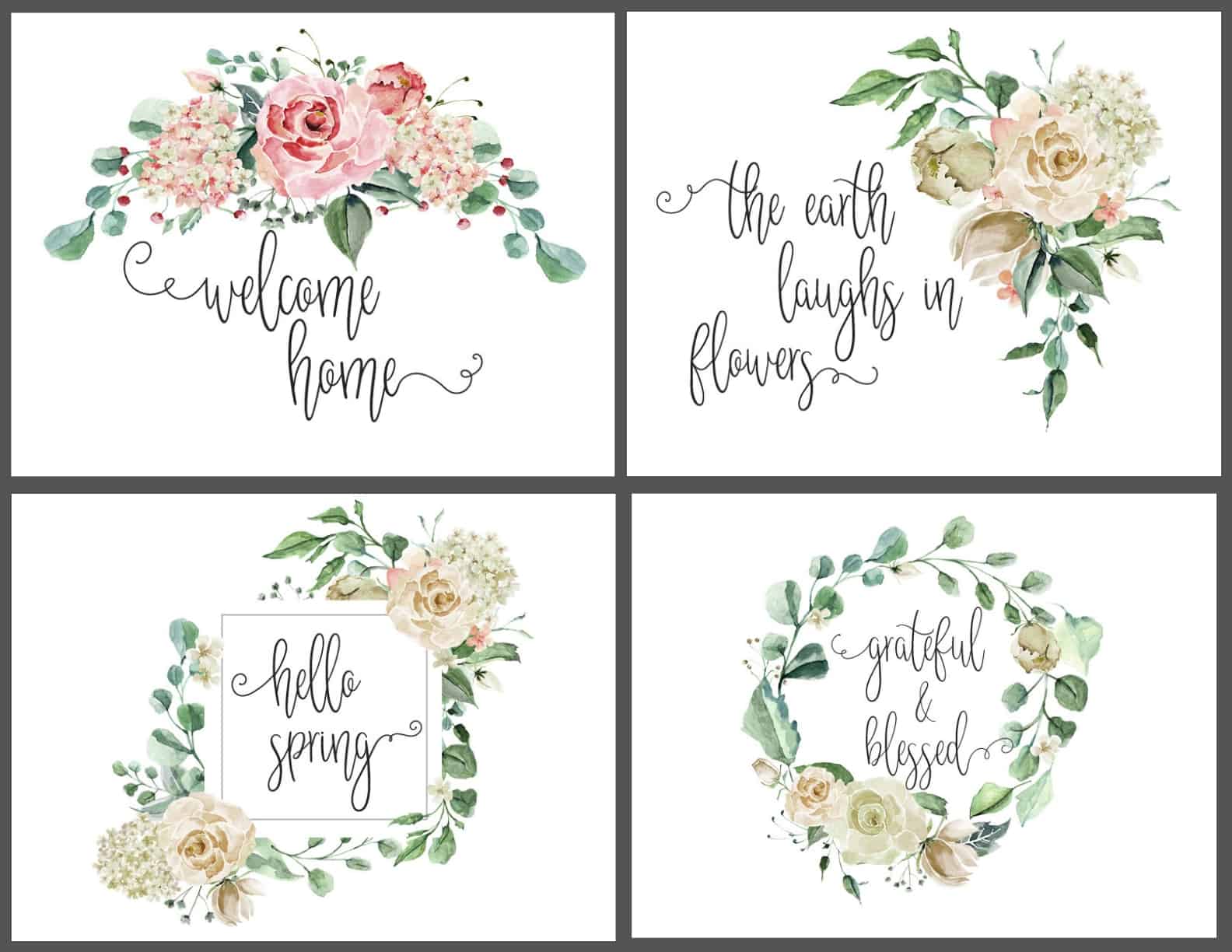 set of 4 art printables with flowers with a white background