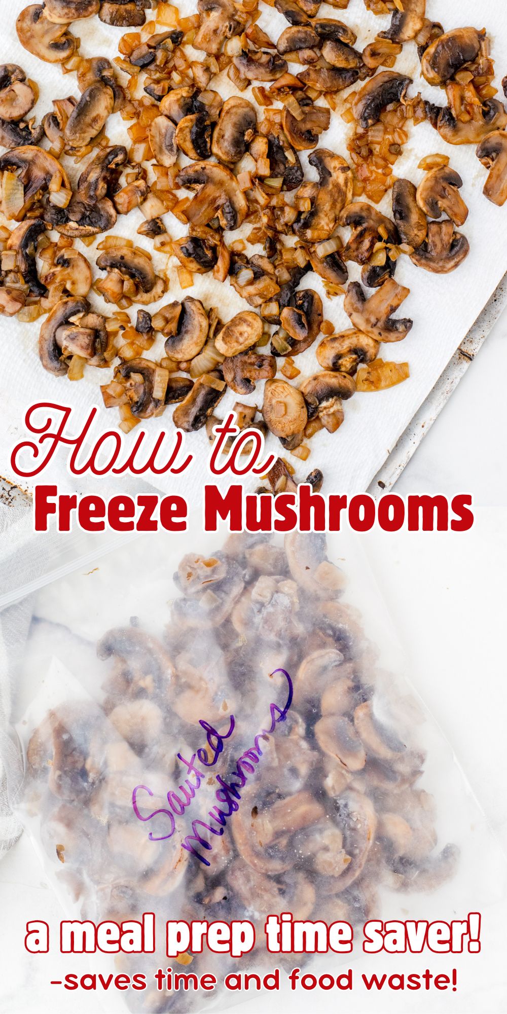 A collage of the process of how to freeze mushrooms