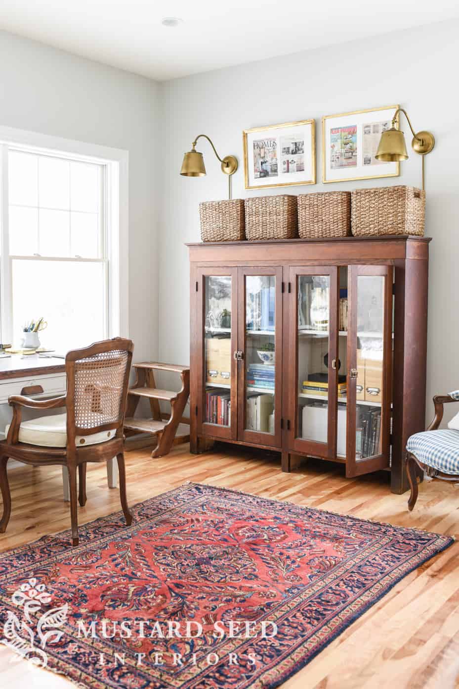 picture of office with wood antique hutch and desk
