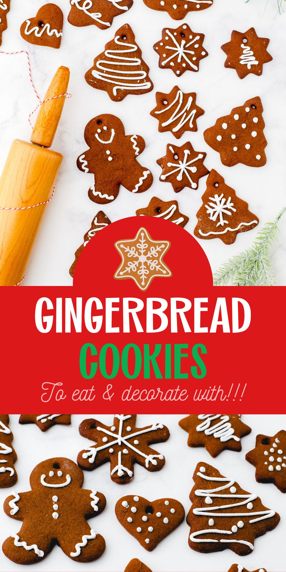 Gingerbread cookies decorated with a rolling pin beside.