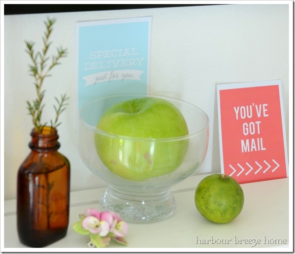 apples and valentines on an entryway table for valentines day decor