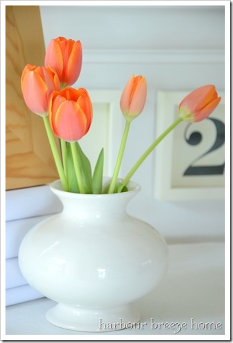 tulips in a vase for valentines day decor on an entryway table