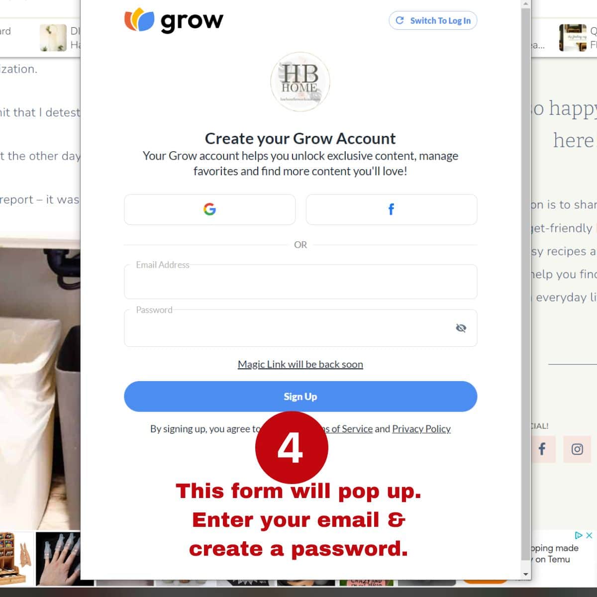 The grow.me app subscriber form.
