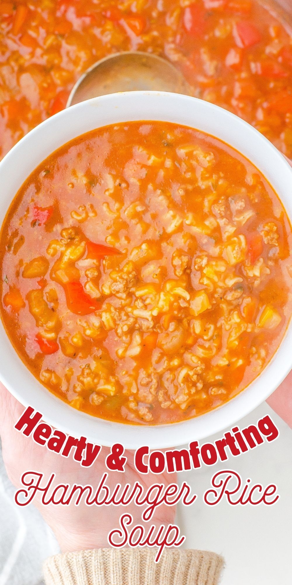 a woman holding a bowl of hamburger rice soup