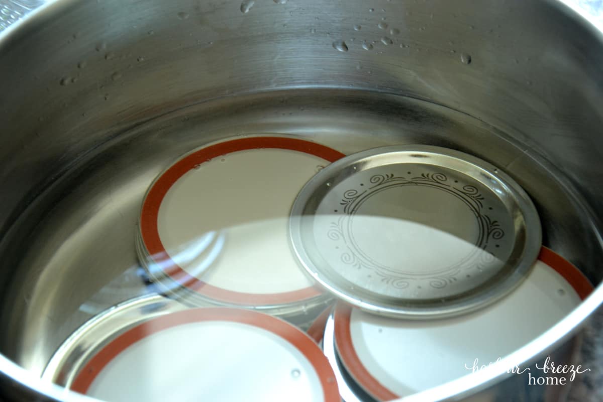 pot of water with canning lids in it.
