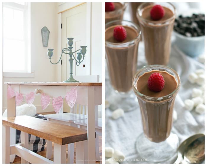 homestyle gathering 3 entry way with desk and candlelabra with planter on wall and heart garland hanging on desk and chocolate desserts with raspberries on white tablecloth