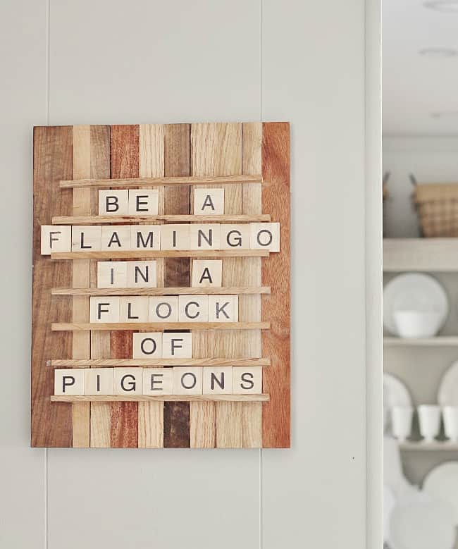 homestyle gathering 3 rustic wood and scrabble sign hanging on wall with dishes in background