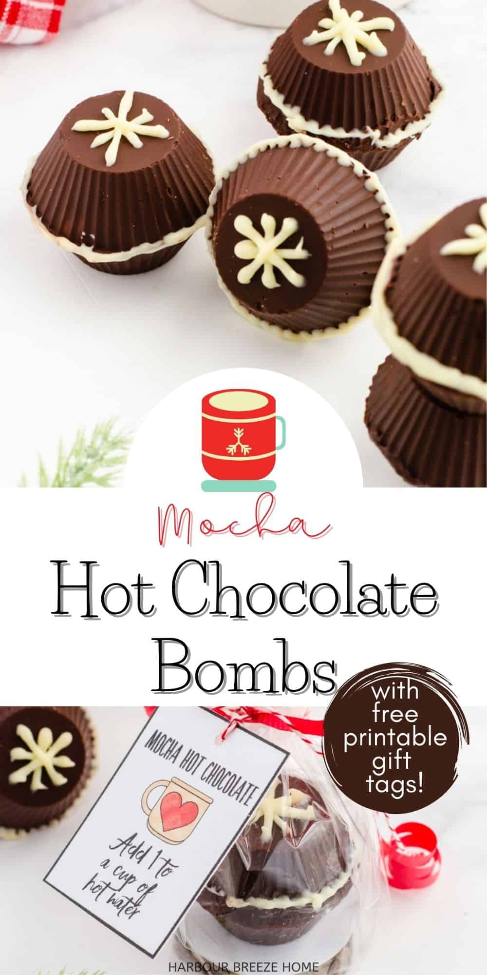 Mocha Hot Chocolate Bomb recipe made with Fireside Coffee mix - packaged with a printable gift tag.