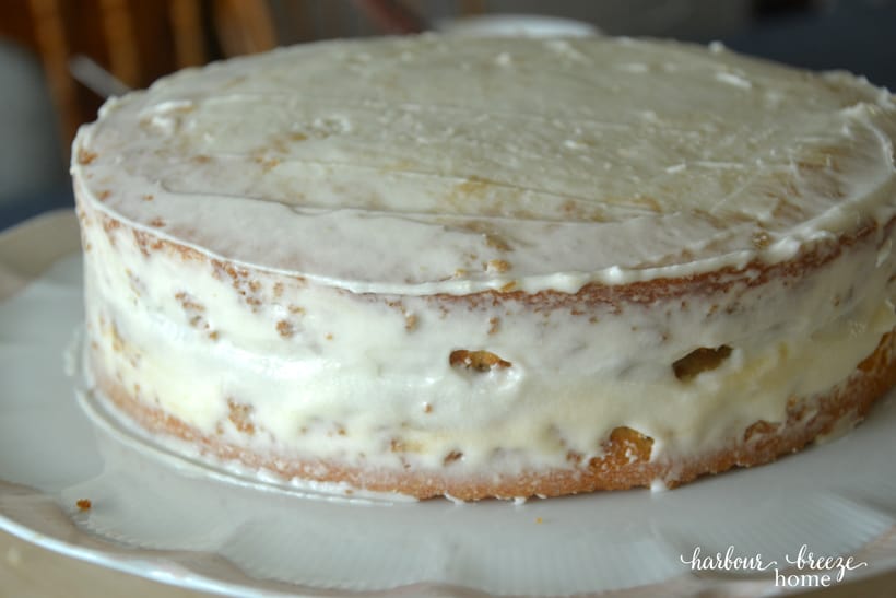 A layer cake with crumb coat of icing on it.