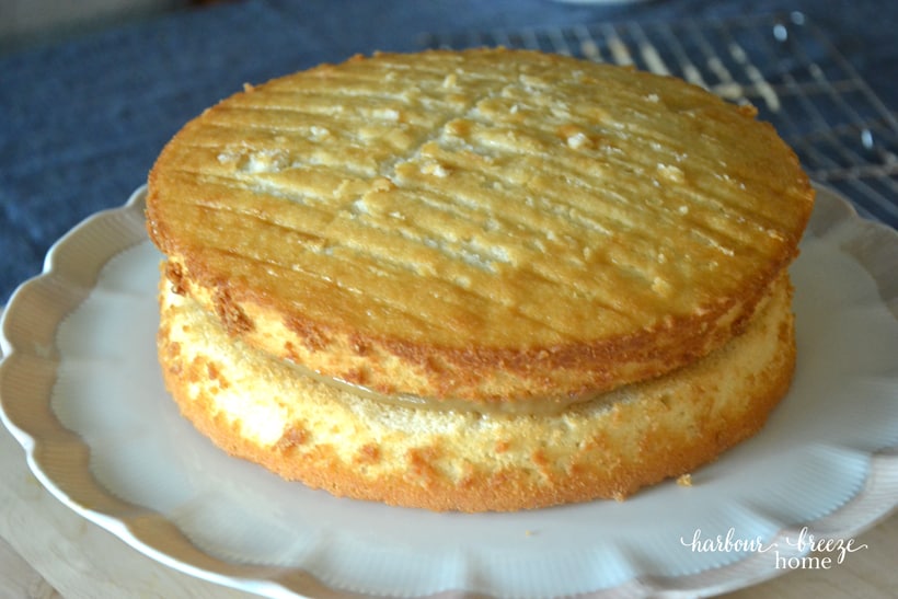 The two layers of cake placed together with butterscotch filling between.