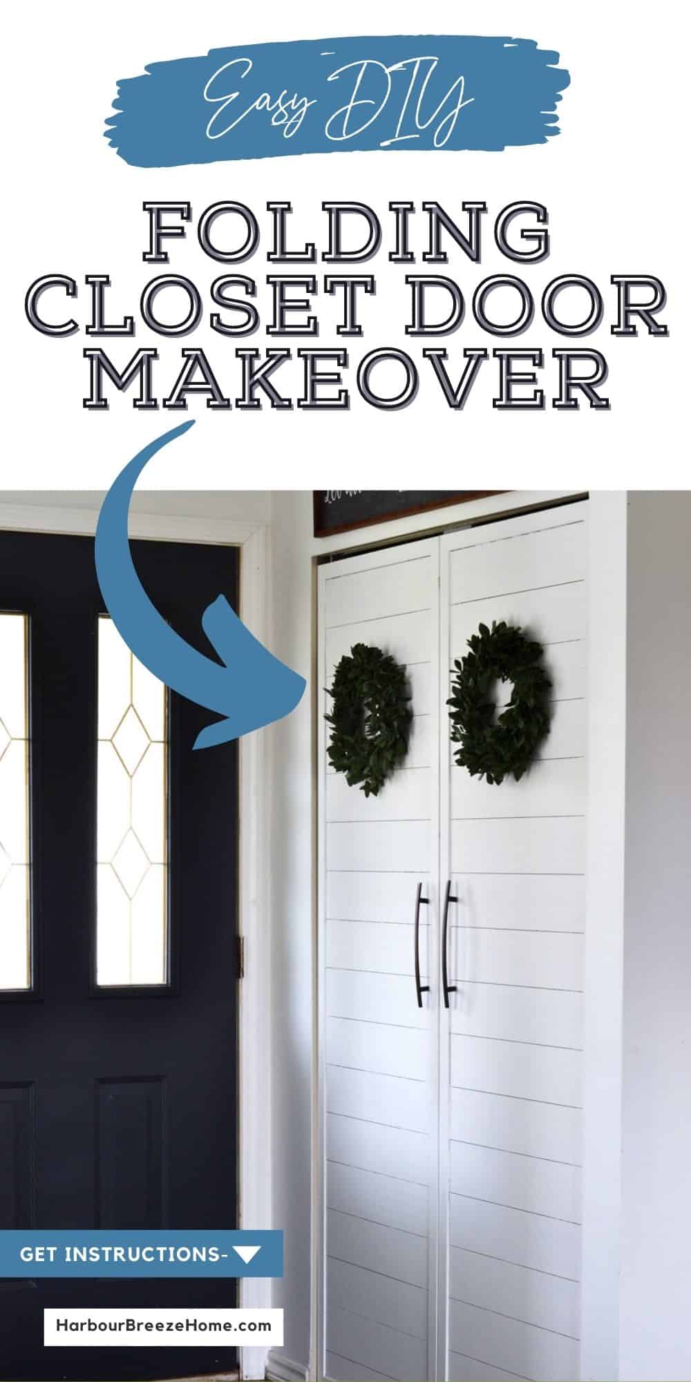A folding hinged closet door is turned into french doors with shiplap in this easy diy tutorial.