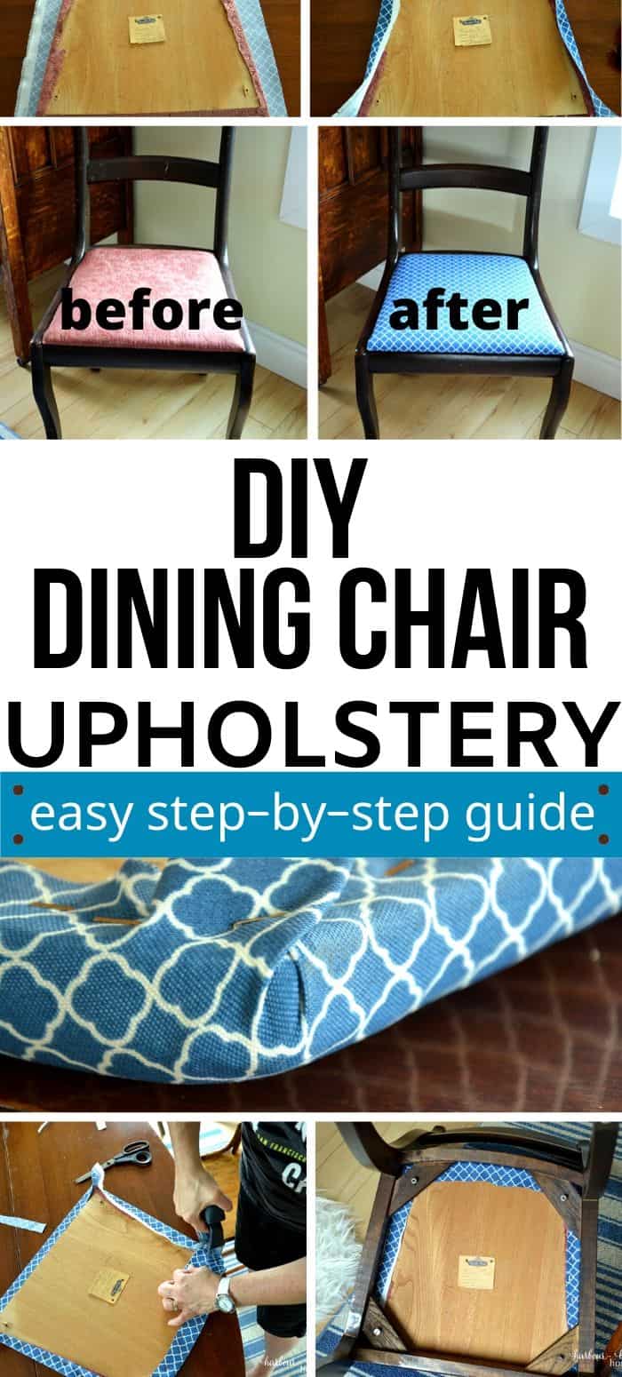 Collage of dining room chair reupholstery project steps.