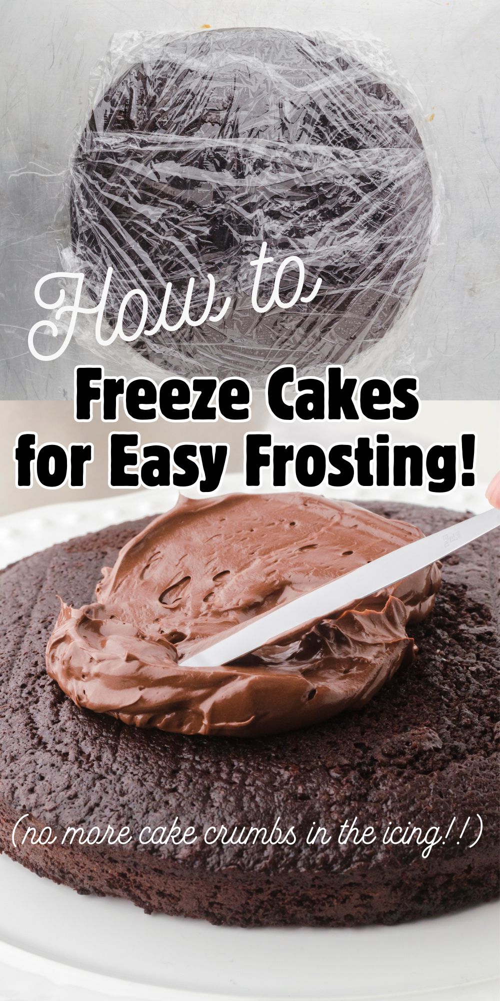A collage of a cake wrapped for freezing and a chocolate cake being frosted.