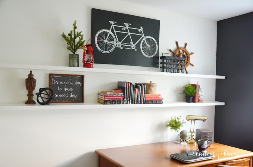 diy floating shelves in a modern farmhouse office space