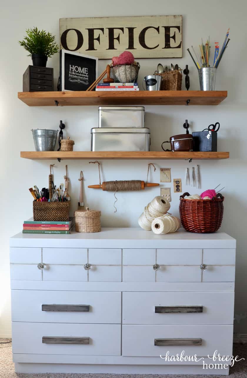 turnbuckle shelves in a craft room