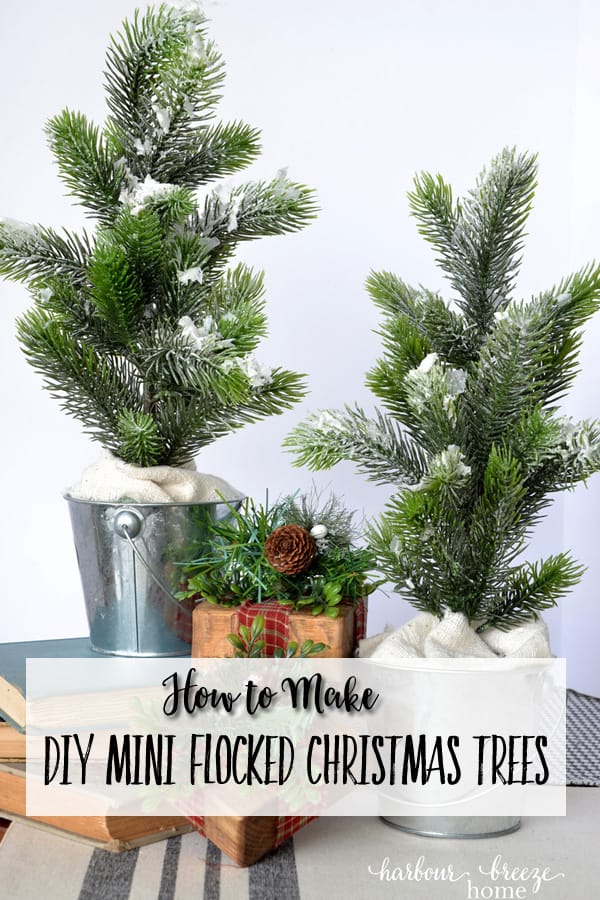 DIY Christmas Decor | Learn how to make these adorable mini flocked Christmas trees with greenery from the Dollar Store. They are fun and easy to make! #diychristmas #minichristmastree #holidaydecor #dollarstorecrafts