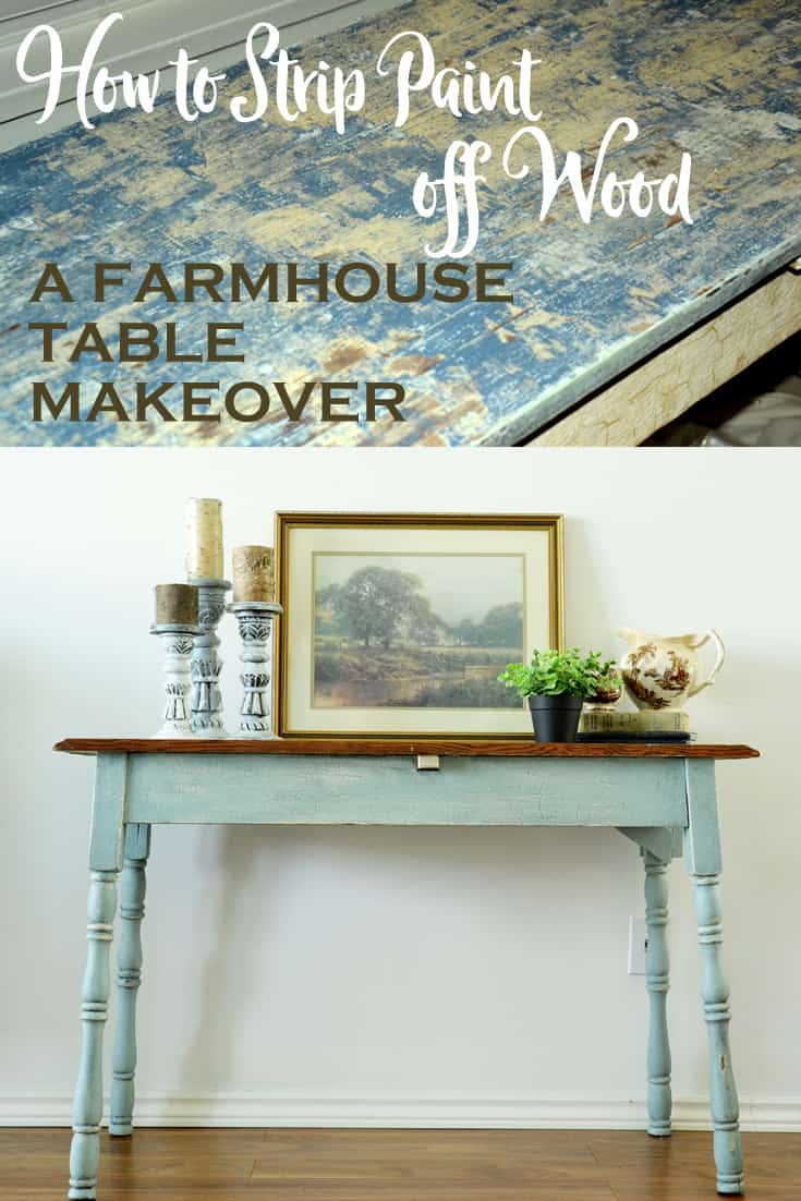 collage of a farmhouse table with a wood stained top and blue legs