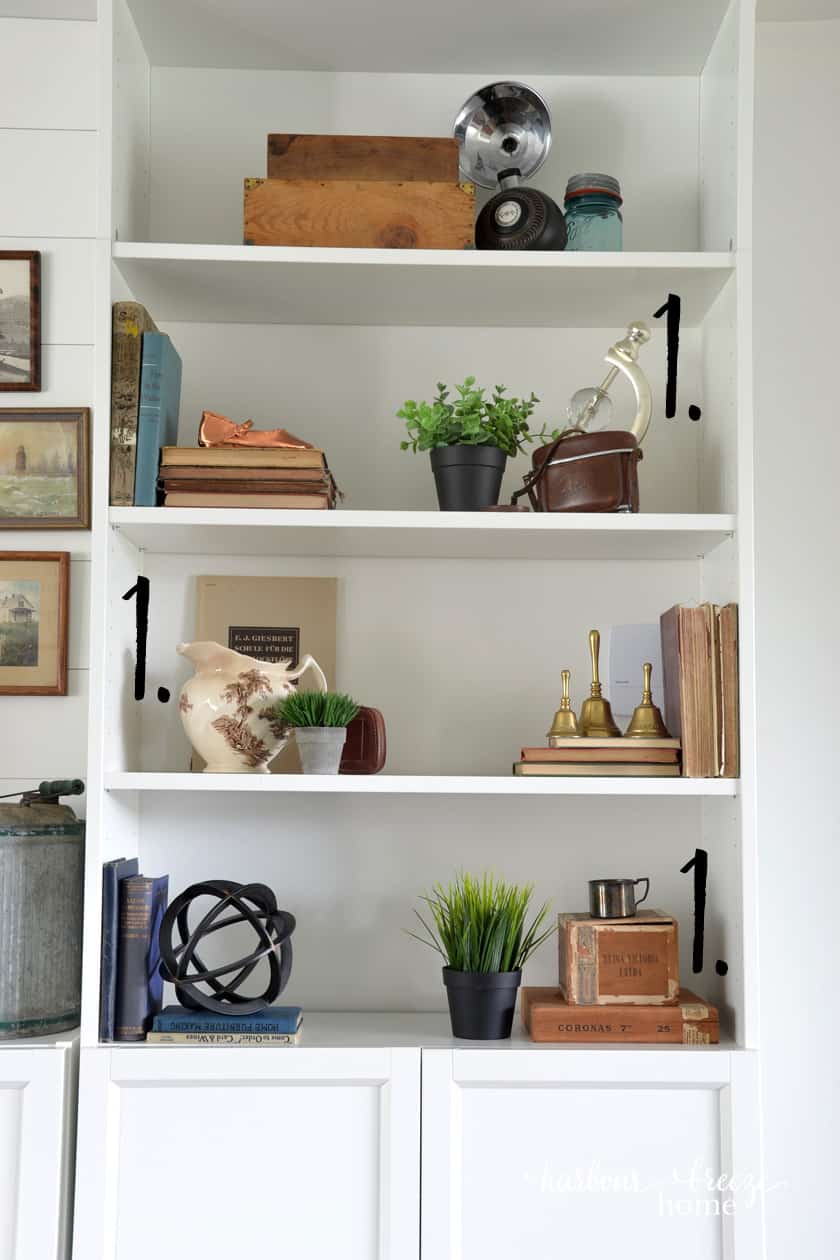 Ikea Billy Bookcase with farmhouse bookshelf decor in it