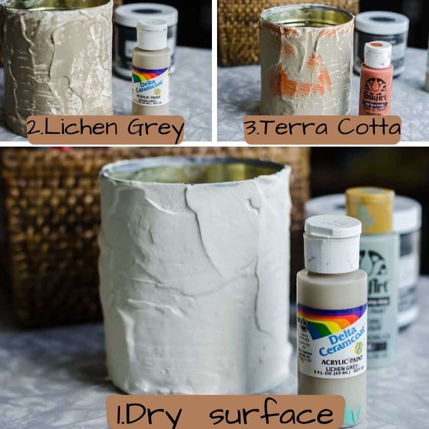 Steps for making a DIY flower pot out of a tin can and creating a cement look by layering acrylic paint colors.