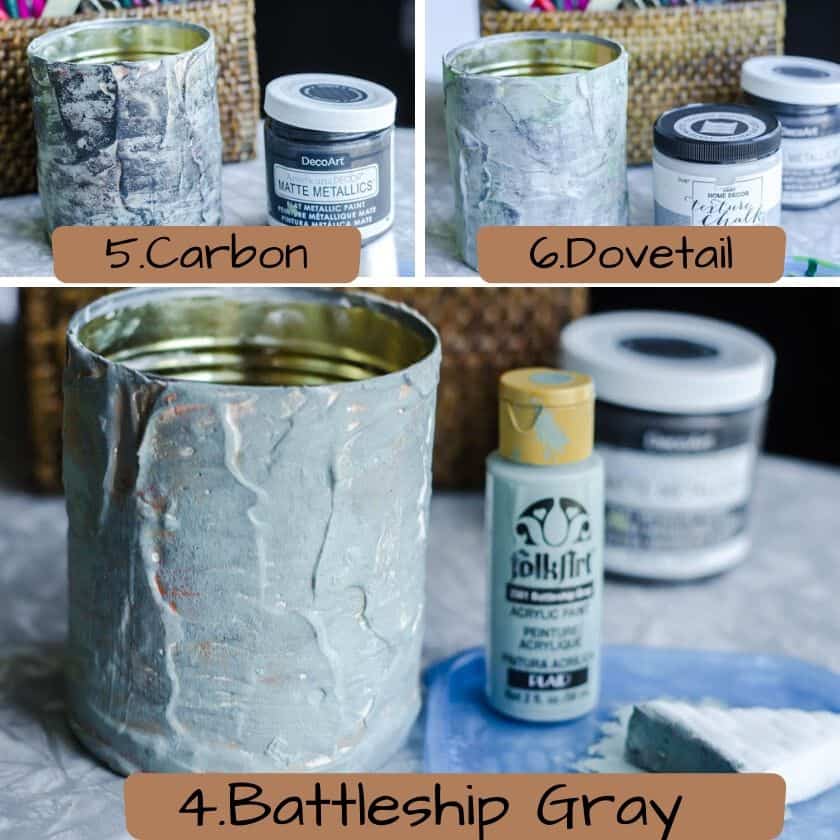 Acrylic paint colors to make a tin can look like cement.