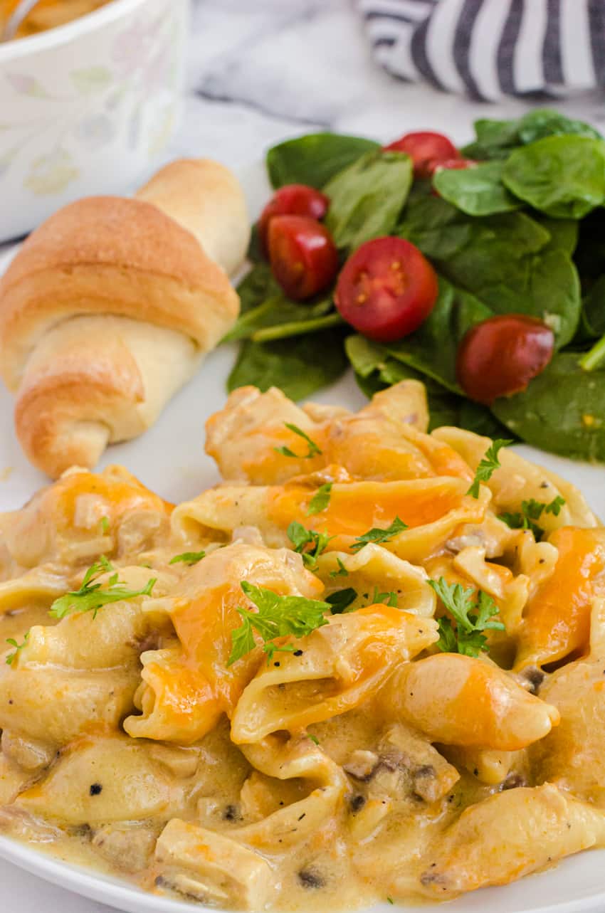 close up of leftover chicken casserole on a plate