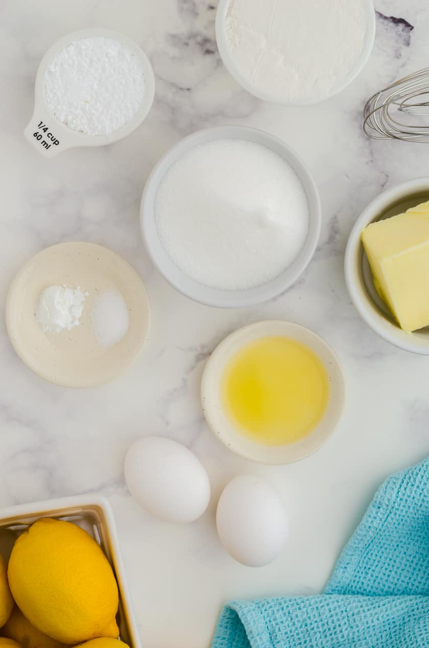 Ingredients for lemon bars - a squares recipe made in a 8x8 inch pan