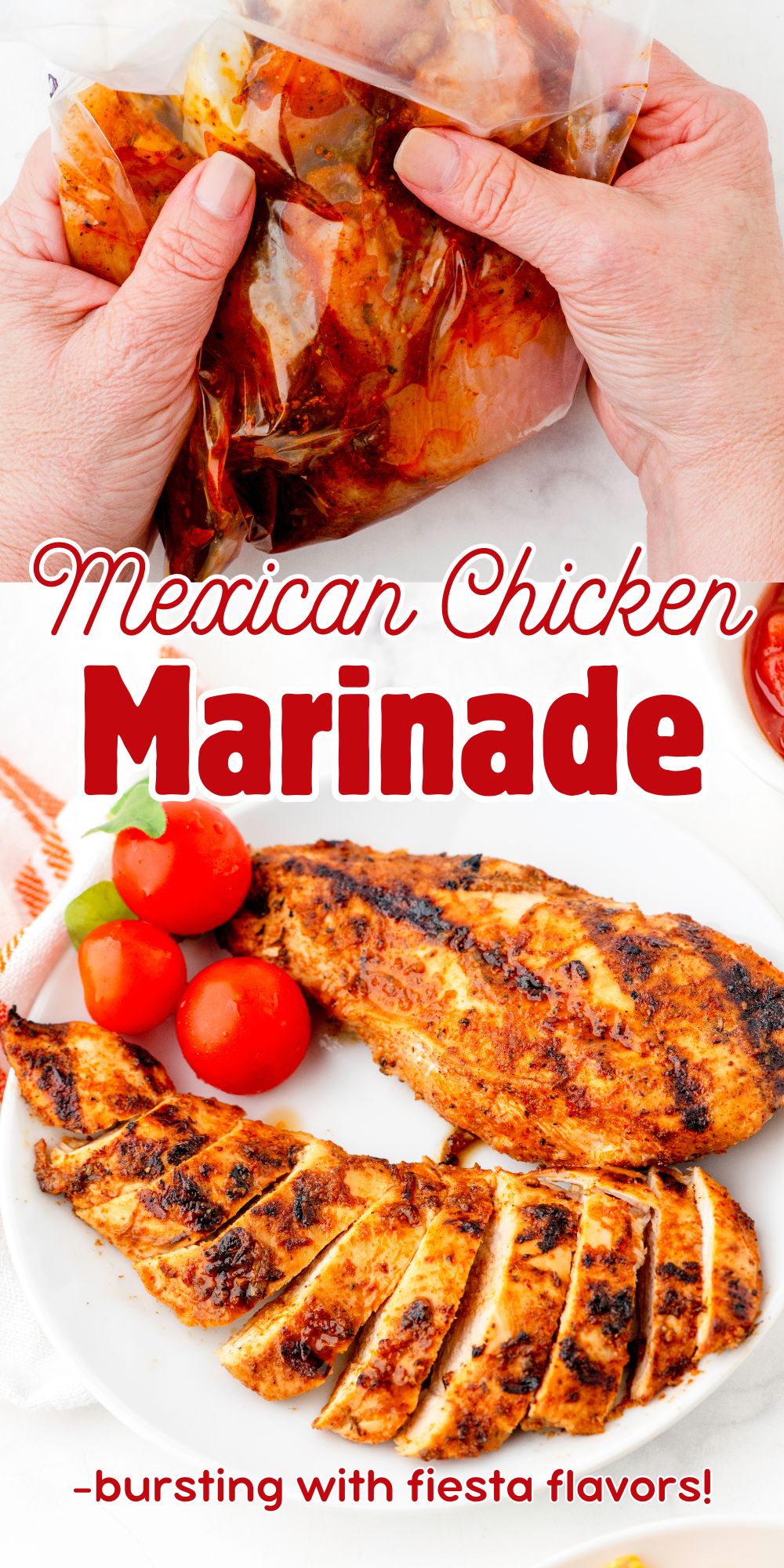 A collage of pictures of mexican chicken marinade and cooked mexican chicken breasts.