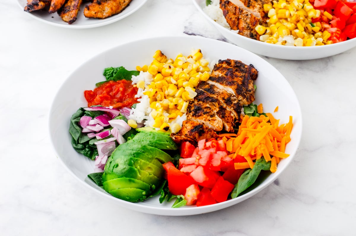 a finished bowl of mexican chicken rice bowl