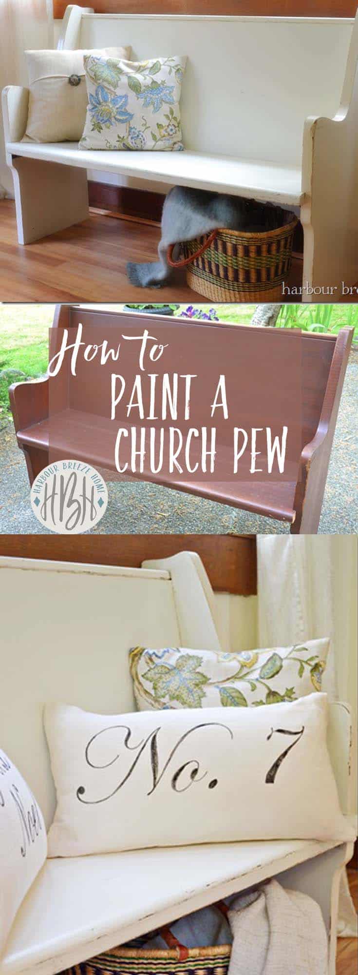 Collage of a wooden church pew that has been painted creamy white