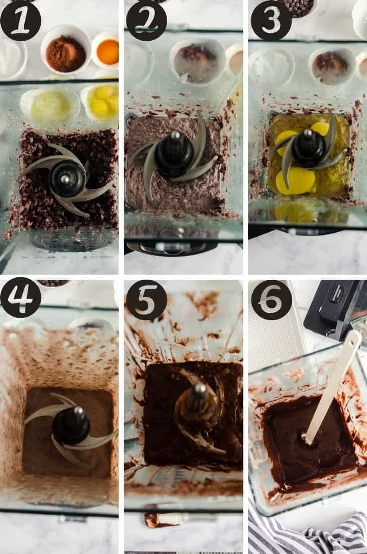A collage of the black bean brownies being mixed in a Ninja blender.