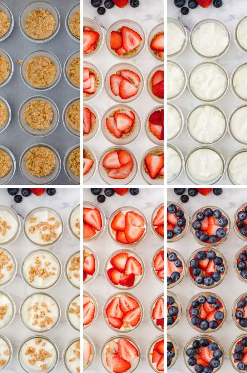 A collage of the layers of mini mason jar cheesecakes